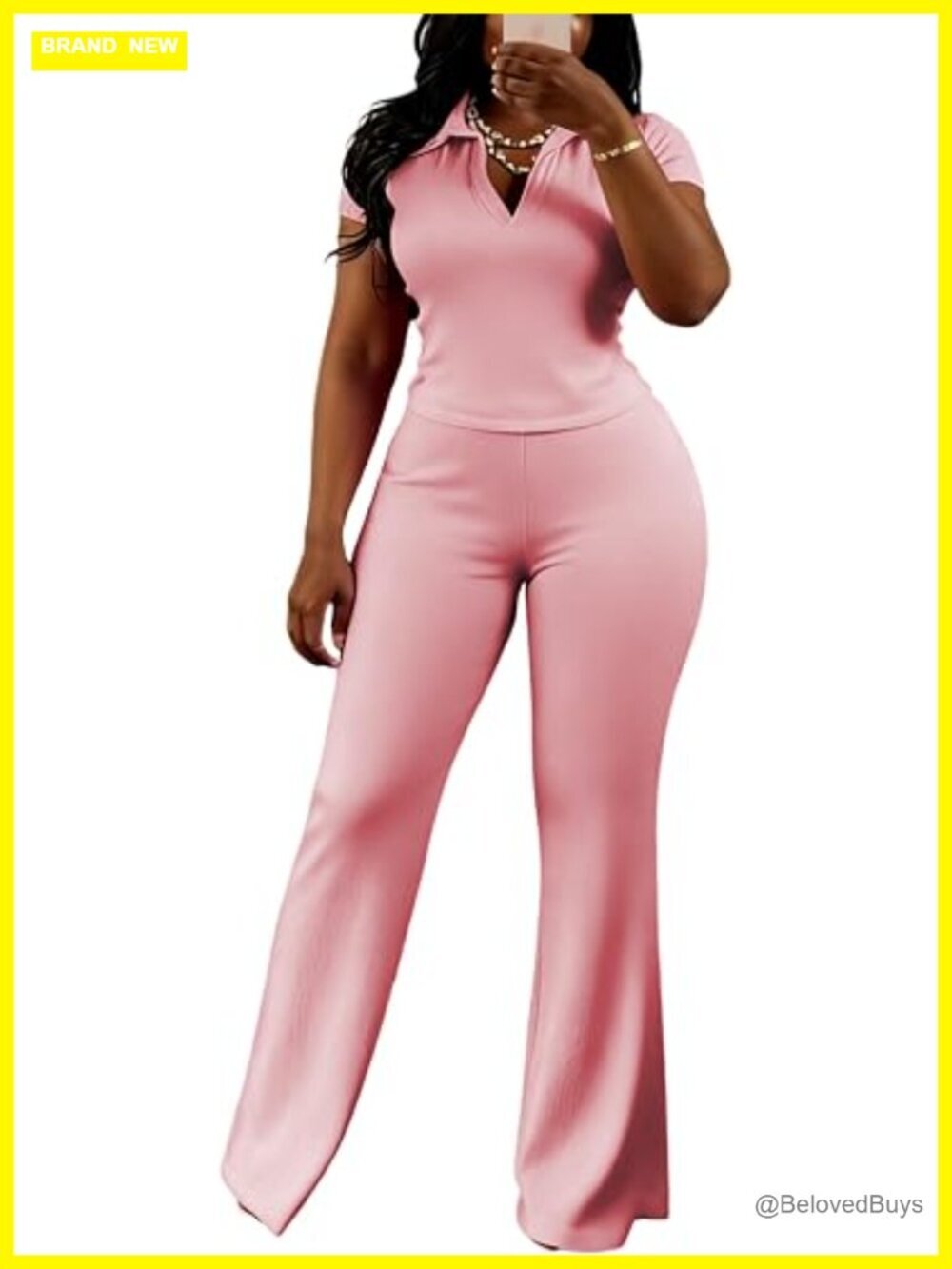 2 Piece Outfits Slim Fit V Neck Polo Top Flare Pants Short Sleeve Casual